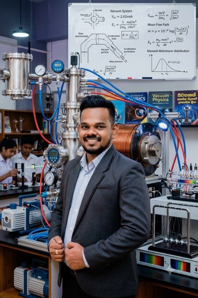 Tutor Damith Prasanna seated at desk with physics graphs